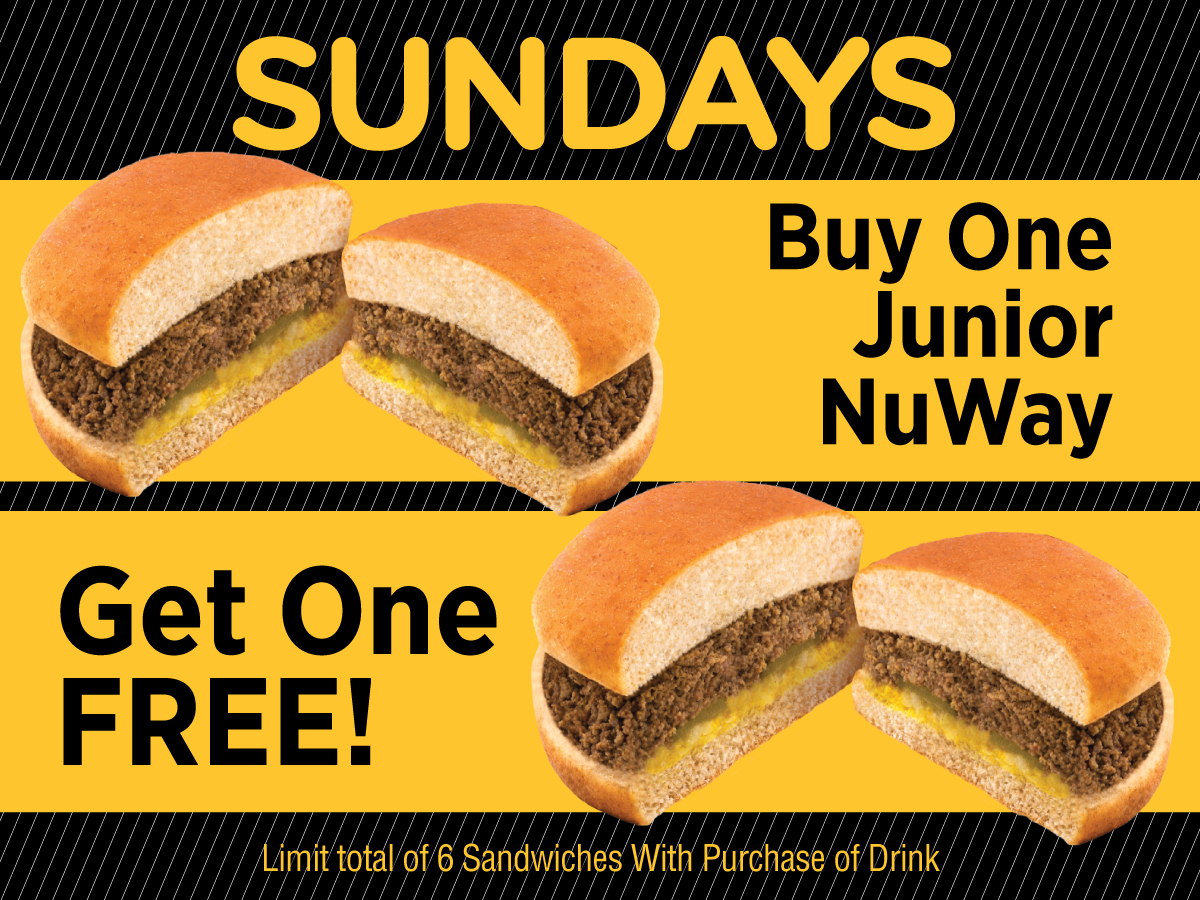 NuwayB's tweet photo. Sundays are BOGO at NuWay! Buy one Junior NuWay and get one FREE with the purchase of a regular drink! Limit total of 6 Sandwiches. https://t.co/dYk2s1fKHv