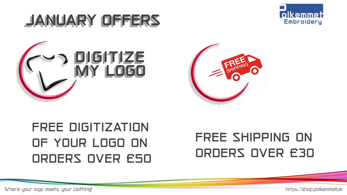 PolkemmetEmb's tweet photo. JANUARY OFFERS!

Free digitising of your logo on orders over £50
Free shipping on orders over £30

#PolkemmetEmbroidery

https://t.co/lKngwnxrIa https://t.co/7vK4QuepuN