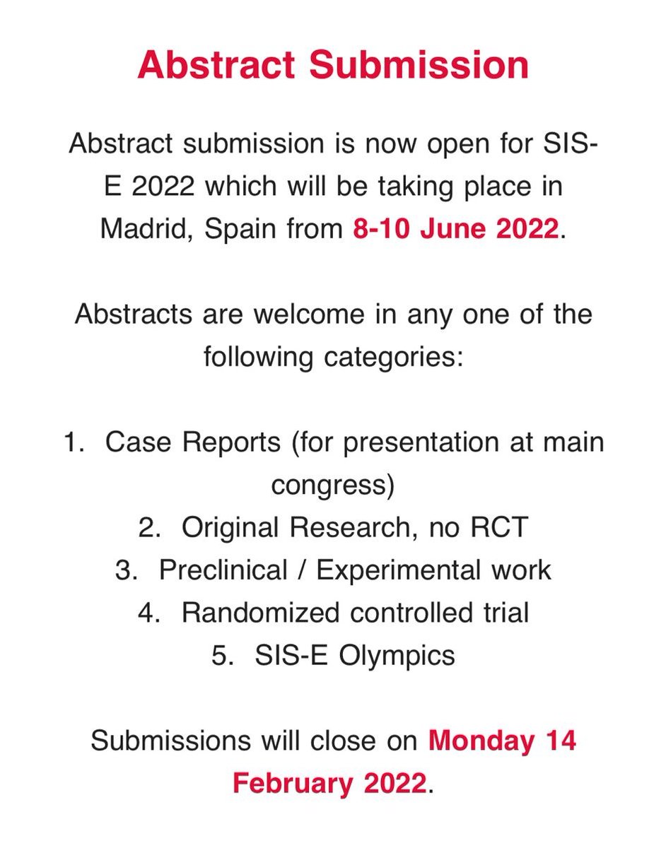 SISEurope's tweet photo. 👉Remember!
📝Start preparing your abstract for #SISE2022, our portal is OPEN! 
🗓You still have over a month but time flies! 🕊
🇪🇦Join us in Madrid for our  @SISEurope annual Congress #surgicalinfection 🦠 #infectionprevention #antibiotics #surgEd #surgicalresearch #infection https://t.co/rOytLydWRD