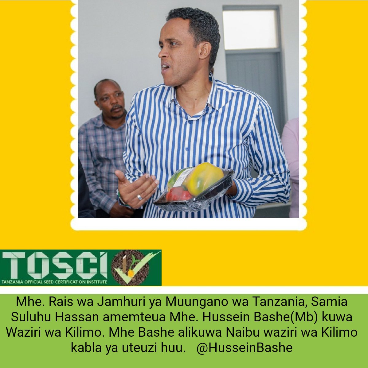 Mhe. Rais wa Jamhuri ya Muungano wa Tanzania, Samia Suluhu Hassan amemteua Mhe. Hussein Bashe(Mb) kuwa Waziri wa Kilimo. Mhe Bashe alikuwa Naibu waziri wa Kilimo kabla ya uteuzi huu. 
<a href="/HusseinBashe/">Hussein M Bashe</a>