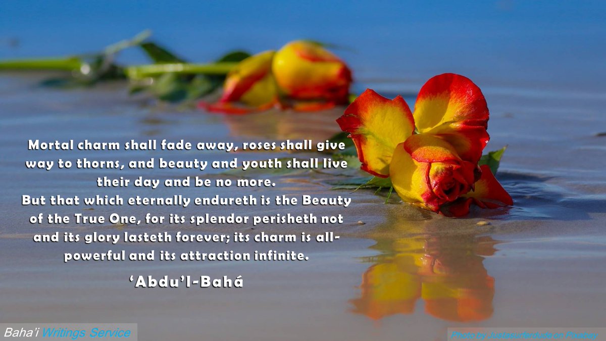 BahaiWritngServ's tweet photo. Mortal charm shall fade away, roses shall give way to thorns, and beauty and youth shall live their day and be no more. But that which eternally endureth is the Beauty of the True One, for its splendor perisheth not…
‘Abdu’l‑Bahá
https://t.co/7McEIBNRu8
#bahai #endures #TrueOne https://t.co/yCvdipwkvl