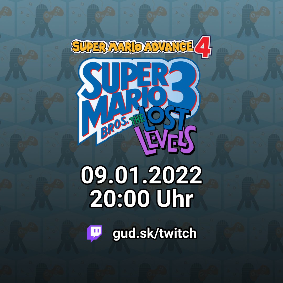 Neues Jahr, neuer Stream von <a href="/bafh666/">@BAfH666@mastodon.cloud</a>!

Heute geht es los mit "Super Mario Advance 4 - Super Mario Bros. 3 - The Lost Levels"
#langertitelistlang

Ab 20:00 Uhr auf gud.sk/twitch
#stream #twitch #streaming #gba #retro #thelostlevels #supermariobros3 #supermarioadvance4