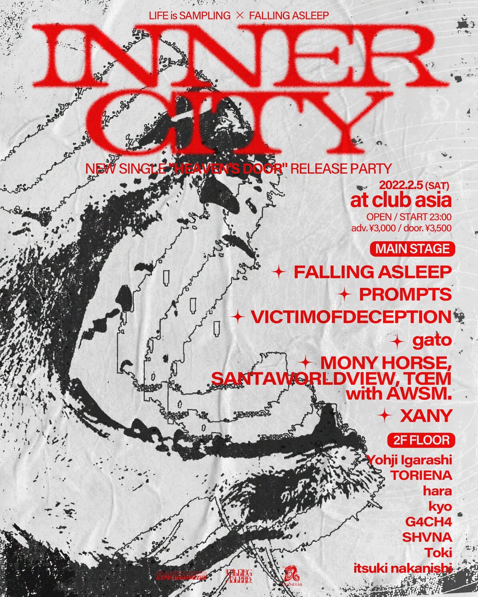 falling_asleep_'s tweet photo. *BIG NEWS*

2022年1月22日
新曲“HEAVEN’S DOOR”
リリース決定！！

それに伴いRelease Partyを渋谷Club Asiaにて@LIFEisSAMPLING と共催で2月5日に開催決定！

OPEN/START 23:00
※未成年入場不可

◽️取り置き
https://t.co/SqEShCIxN3
◽️プレイガイド
https://t.co/jYoFj9bsXk

#FALLINGASLEEP2022 https://t.co/Gbi38kUezl