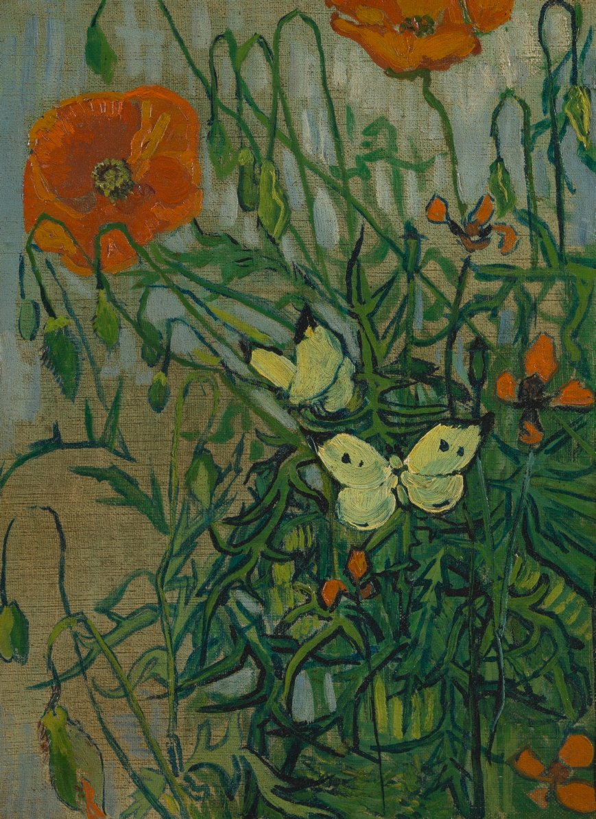 In this picture, Vincent started with the flowers and butterflies, and filled in the blue