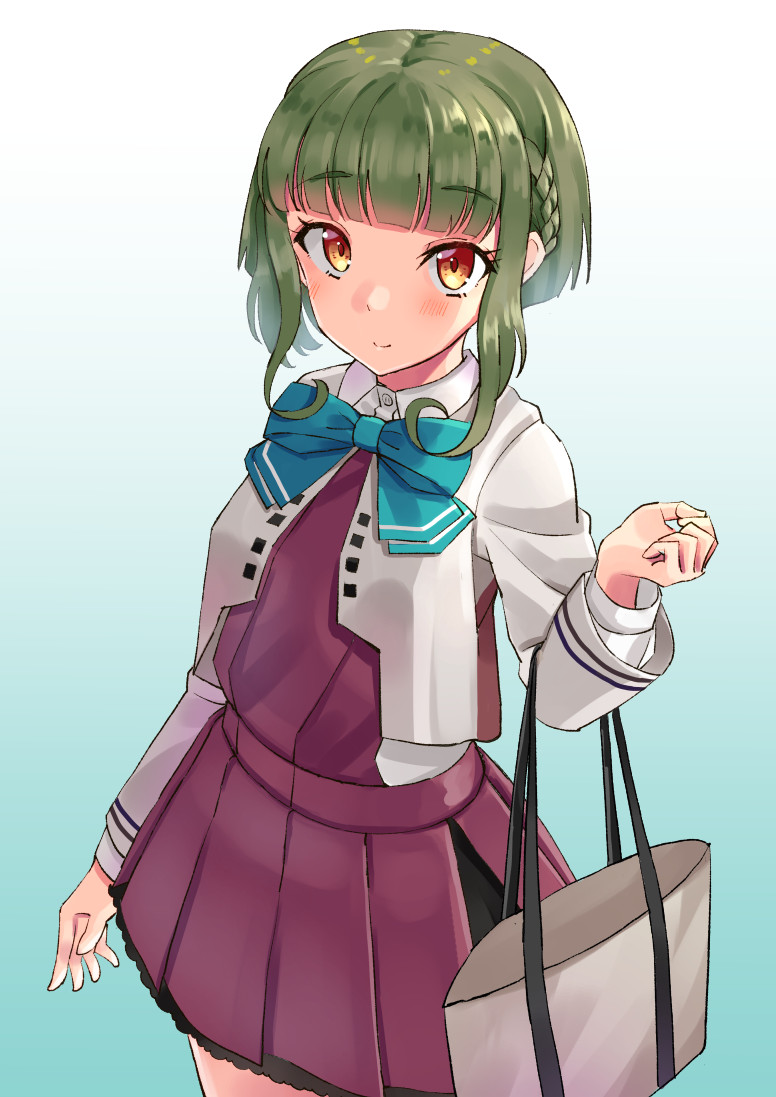 takanami (kancolle) 1girl solo green hair short hair braid gradient background brown eyes  illustration images