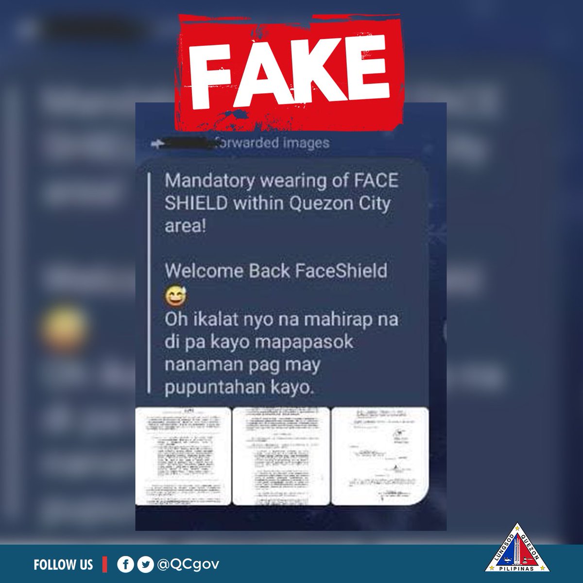 QCGov's tweet photo. Hindi po totoo na mandatory ang pagsusuot ng face shield sa pampublikong lugar. Huwag po maniwala o magpakalat ng fake news. 

Mababasa ang ordinansa dito: https://t.co/URofK8wk0w https://t.co/k9hAwRKDSe