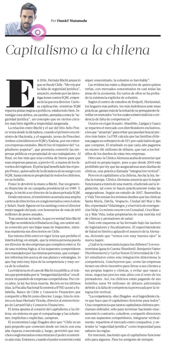 DMatamala's tweet image. “Capitalismo a la chilena”
La columna de hoy