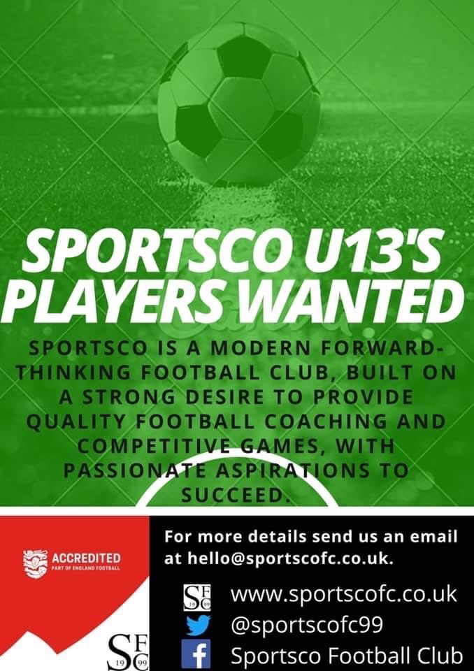 Sportsco U13s are on the lookout for players to join their team in the North Birmingham area.

If you would like more information or an invite to training then contact us at hello@sportscofc.co.uk or through this post.