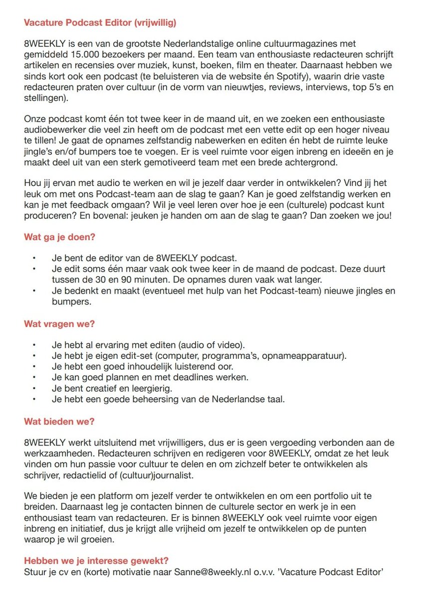 Wij zoeken een editor voor onze PODCAST! 

Iedereen bij 8WEEKLY werkt op vrijwillige basis, maar dat maakt het niet minder leuk. 

Ben jij de audiofiel die wij zoeken?
Kom ons enthousiaste team versterken! 

Check de vacature! ⬇️