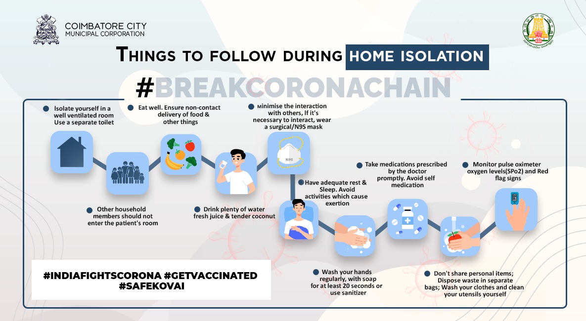 CbeCorp's tweet photo. Things to follow during Home Isolation👇🏻

கோவிட் பாதித்து வீட்டுத் தனிமையில் இருப்பவர்கள் தவறாமல் பின்பற்ற வேண்டிய வழிமுறைகள்.
#Breakcoronachain
#Coimbatore https://t.co/vmv8ZIUNa0
