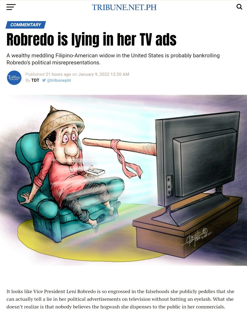 Pinoytapsilog (@pinoyanghang) on Twitter photo In its commentary, the <a href="/tribunephl/">Daily Tribune</a> raises a question with brutal frankness that other Manila-based broadsheets are TOO AFRAID to ask:
"Robredo can’t even be true in her TV commercials, so why should she be entrusted with the presidency in May 2022?"
LINK bit.ly/3nbqZKl In its commentary, the <a href="/tribunephl/">Daily Tribune</a> raises a question with brutal frankness that other Manila-based broadsheets are TOO AFRAID to ask:
"Robredo can’t even be true in her TV commercials, so why should she be entrusted with the presidency in May 2022?"
LINK bit.ly/3nbqZKl