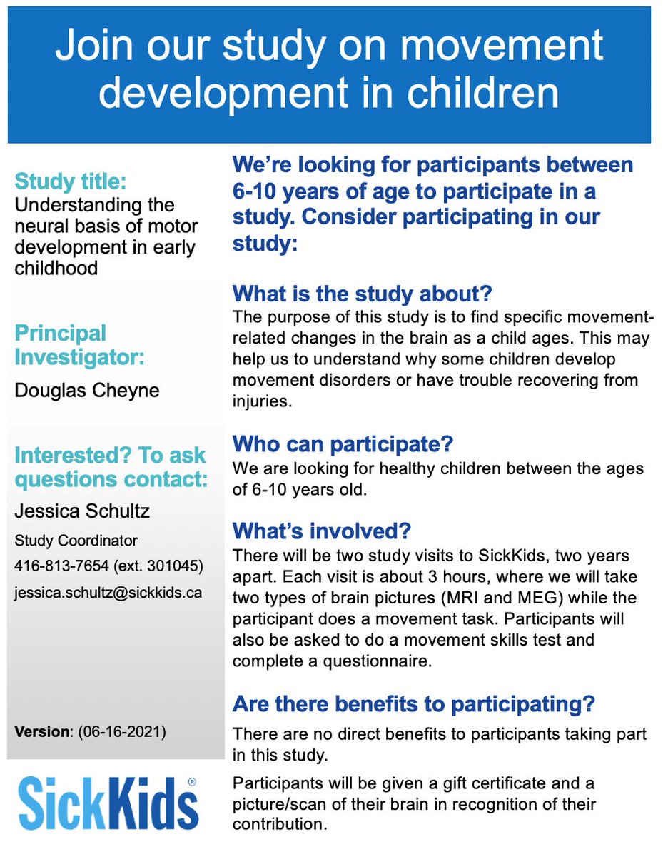 SickKidsNews's tweet photo. We’re looking for participants between 6-10 years of age for a #SKResearch study on movement-related changes in the #brain. Participants will receive a scan of their brain and help us better understand childhood #MovementDevelopment. Learn more: https://t.co/Uxv0zruXgs https://t.co/xAn7jun6SX