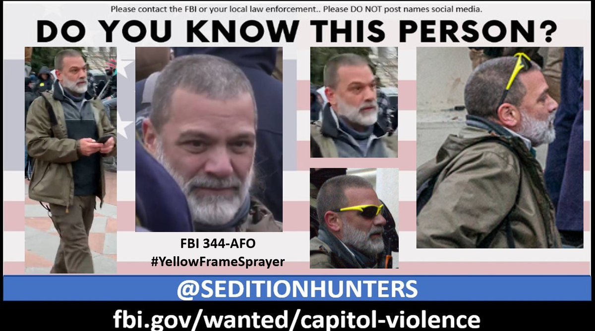 Please share across all platforms. Do you Know this man?? Please contact the FBI with 344-AFO tips.fbi.gov or contact us at admin@seditionhunters.org Please do not post names on social media #YellowFrameSprayer