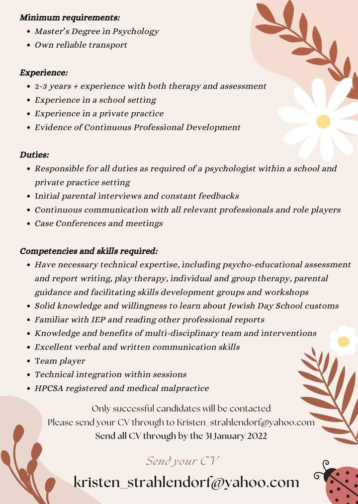 Educational Psychologist #Locum Position #Vacancy
Looking for an #EducationalPsychologist from March 2022 

Minimum requirements:
• 2-3 years experience
• Master’s Degree in Psychology
• Own reliable transport
• See requirements below

#JobSeekersSA #cvrevampwithtoomee