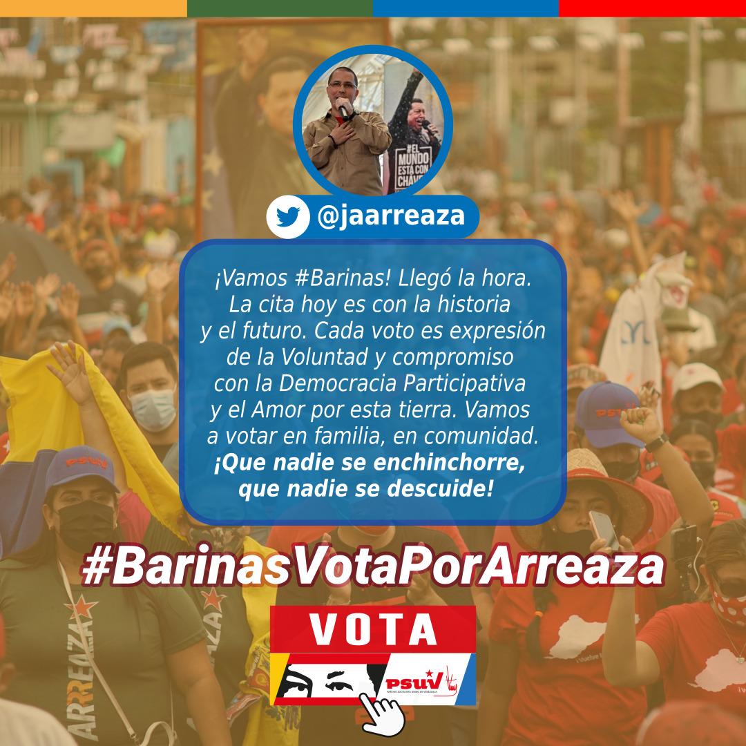 "Llegó la hora. La cita hoy es con la historia y el futuro. Cada voto es expresión de la Voluntad y compromiso con la Democracia Participativa y el Amor por esta tierra. Vamos a votar en familia, en comunidad. ¡Que nadie se enchinchorre, que nadie se descuide!" <a href="/jaarreaza/">Jorge Arreaza M</a>.