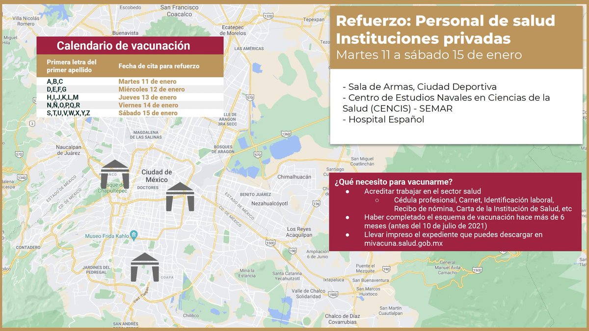 SSaludCdMx's tweet image. 🗓️Del martes 11 al sábado 15 de enero se aplicará la dosis de refuerzo al personal de salud de instituciones privadas en 3⃣ macro sedes:

📍Sala de Armas
📍CENCIS Marina
📍Hospital Español

⏰Horario: 8 a 16 horas