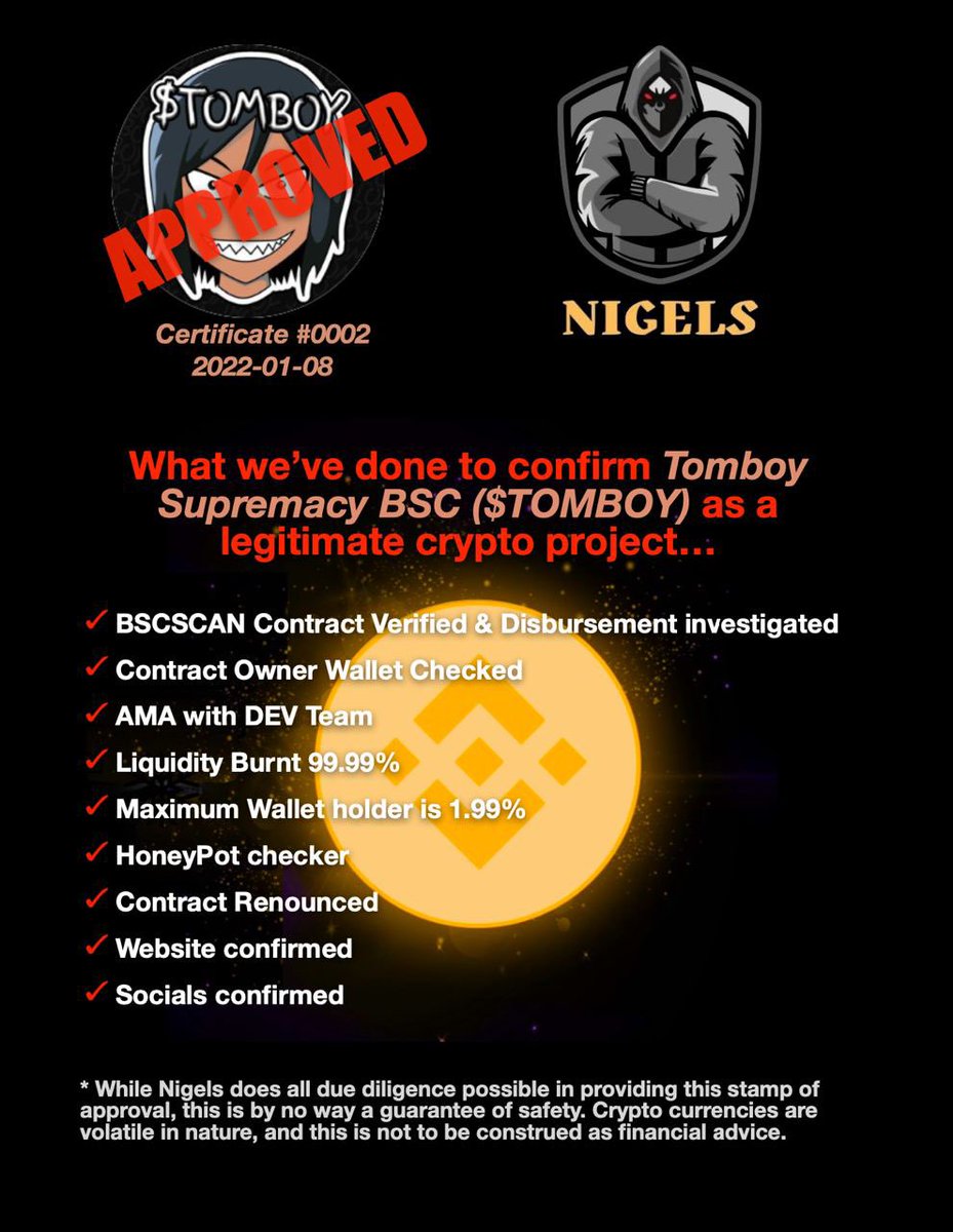 Last night we approved a second project <a href="/Tomboy_bsc/">Tomboy Supremacy BSC</a>! Go check it out on Radio Nigel!

$Nigels #Nigels #Binance #BNB #BSC #BinanceSmartChain #BTC #Bitcoin #BSCGemsAlert #BSCGem #Crypto #cryptocurrencies #LowCapGems #lowmarketcapgem #MemeTools #Tomboy #NigelCast