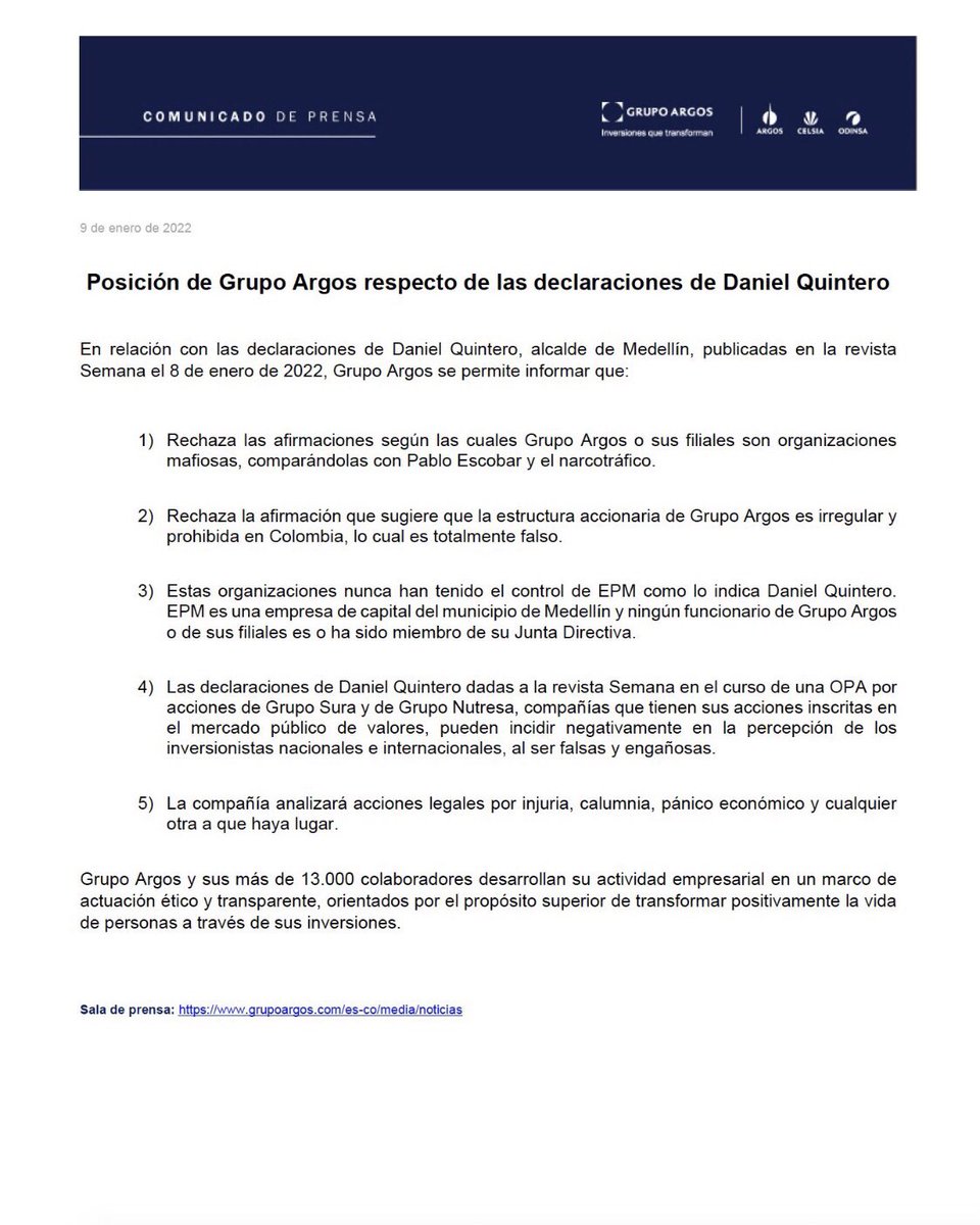 Como colaborador, accionista y miembro de la familia fundadora rechazo las acusaciones falsas de <a href="/QuinteroCalle/">Daniel Quintero 🇨🇴</a> contra una compañía que ha generado progreso y desarrollo por generaciones 🇨🇴. Conozco de primera mano los valores y la ética de esta organización <a href="/Grupo_Argos/">Grupo Argos</a>