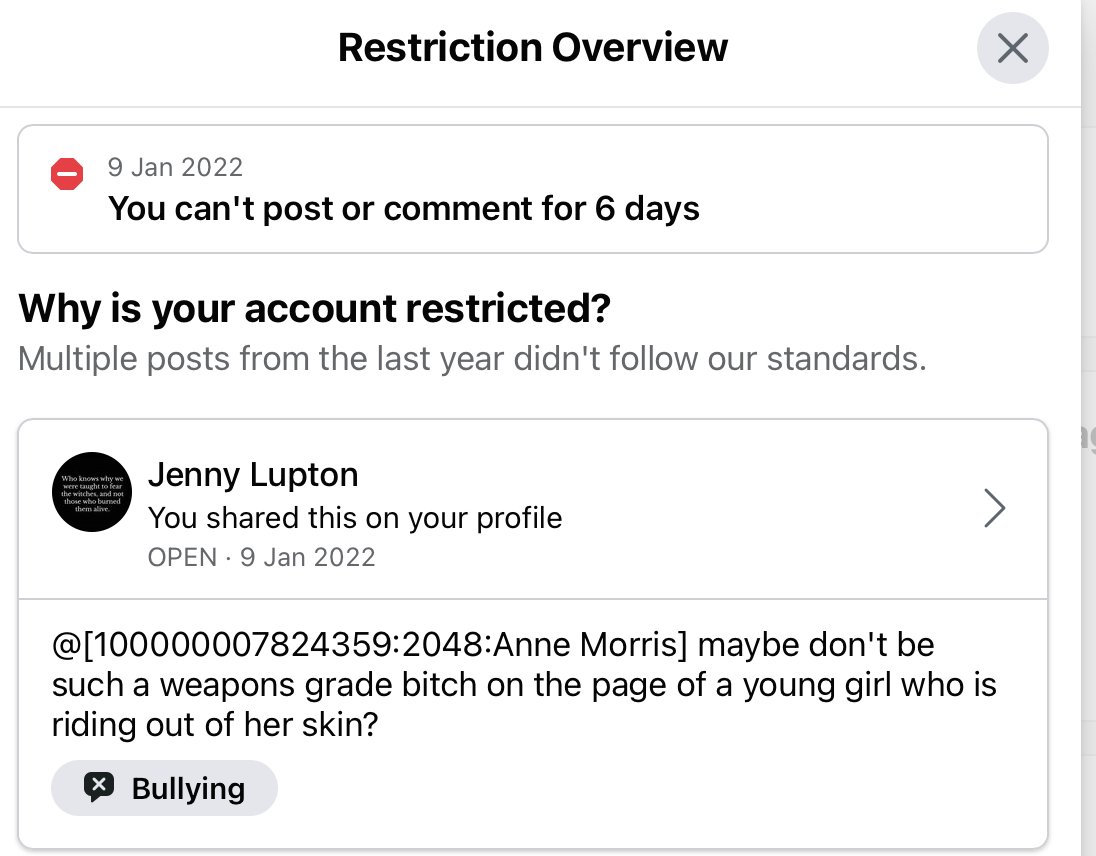 Just been banned on FB for this. For having a go at someone having a go at a 15yo girl. Twitter, you suck sometimes, but not as much as this. https://t.co/KJAK54xWYb