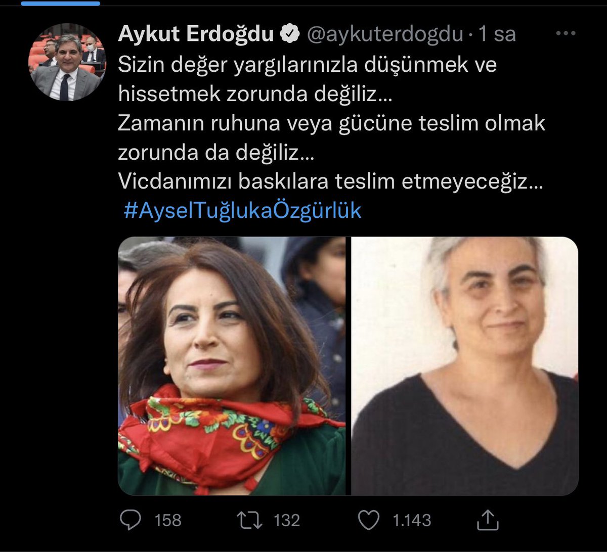 CHP Milletvekili Aykut Erdoğdu, terör örgütü propagandası yaptığı gerekçesiyle tutuklanan eski HDP Van Milletvekili Aysel Tuğluk için özgürlük istedi.