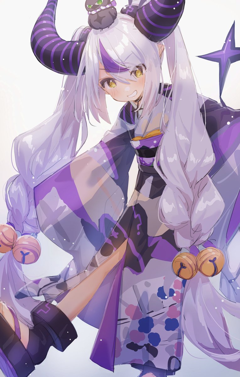 la+ darknesss 1girl horns kimono long hair japanese clothes yellow eyes purple hair  illustration images