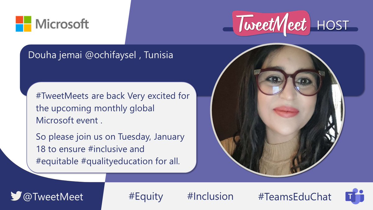 DouhaJemai's tweet photo. 📢 #TweetMeets are back very excited for the upcoming monthly global🌍Microsoft event...
So please join us on Tuesday, January 18
to ensure #inclusive and #equitable #qualityeducation for all for all ...
#TeamsEduChat #MicrosoftTeams #MicrosoftEDU https://t.co/9syjbrdOy2