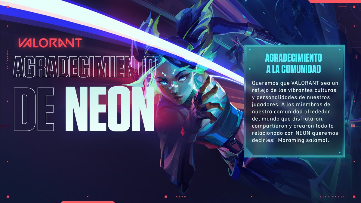 VALORANTLATAM's tweet photo. Queremos agradecer a nuestros creadores de contenido y miembros de la comunidad por darle la bienvenida a nuestra primera agente filipina de VALORANT. 

Ahora, veamos quién es lo suficientemente veloz para elegir a NEON. https://t.co/iQFhZ5YLom