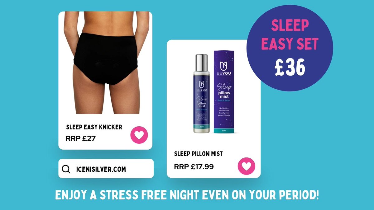 WearICENI's tweet photo. 😴Never let a #period stop you from getting a great night's #sleep!

The Sleep Easy set includes a pair of Iceni nighttime knickers and a @BeYouPeriod sleep mist to guarantee you a leak-free and stress-free night 🛌

Treat yourself today!
➡️ https://t.co/2cBi6nxGiG

#periods https://t.co/C9fpwhNWfd