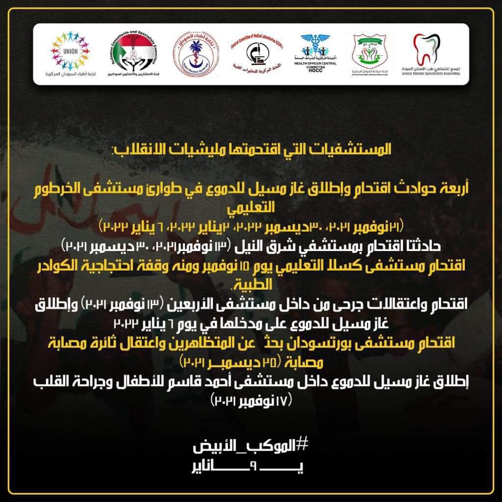 All4Sudan's tweet photo. 9 Jan: The Unified Office of #Sudan -ese Doctors with all its member organizations organized a protest in Khartoum today condemning the military coup barbarian attacks on hospitals, that has become a frequent occurrence. #مليونية9يناير 
@gmcuk @MSF @hrw @amnesty @AP @PascalICRC https://t.co/iZwC6Inr4X