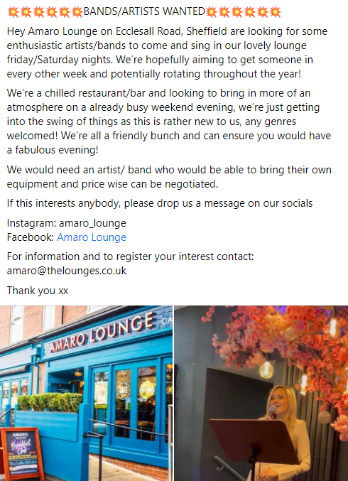 Fans for Bands (@fansforbandsuk) on Twitter photo 👇👇👇 BANDS WANTED 👇👇👇
For more information & to register your interest email: amaro@thelounges.co.uk 👇👇👇 BANDS WANTED 👇👇👇
For more information & to register your interest email: amaro@thelounges.co.uk