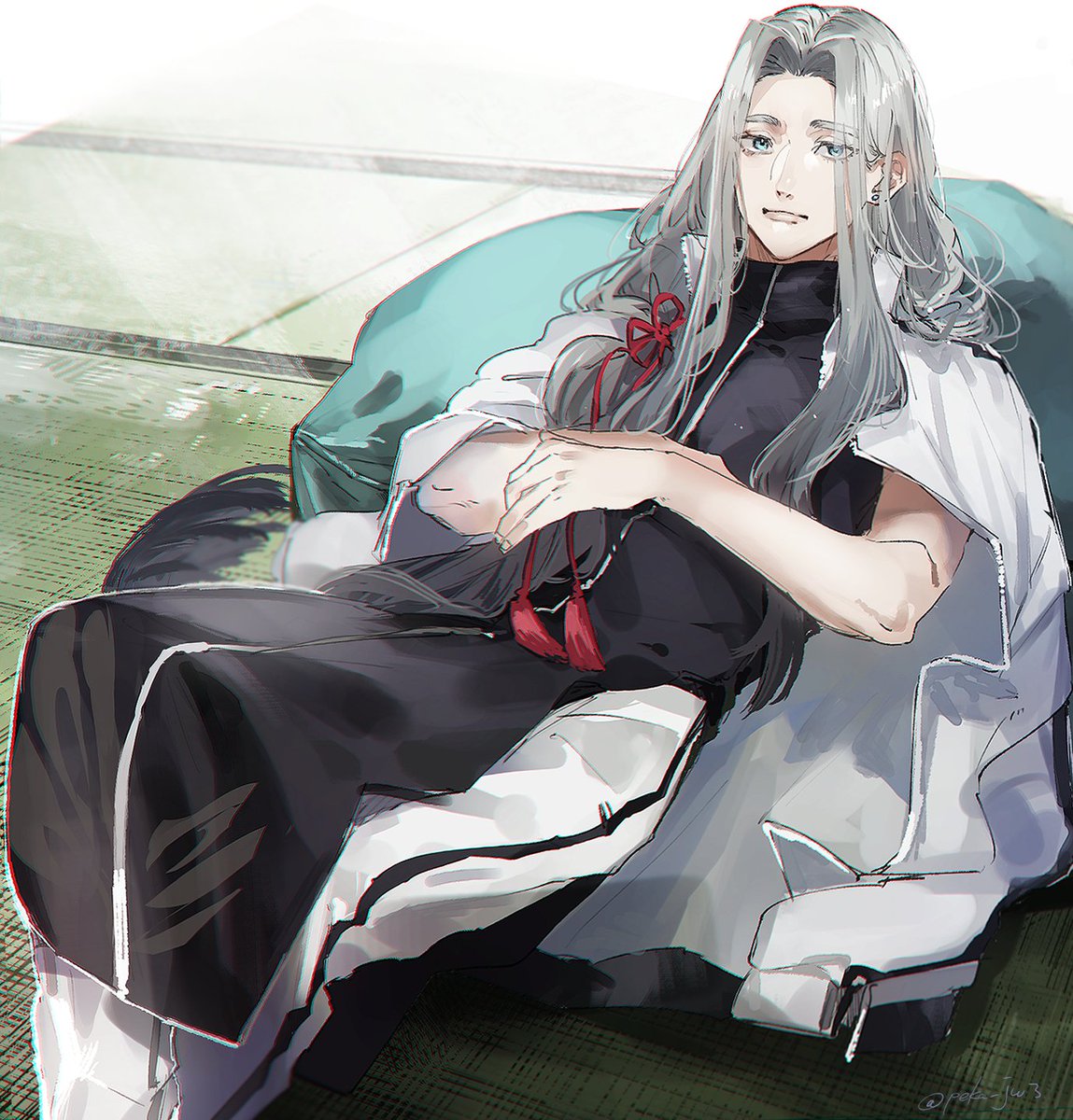 1boy male focus long hair grey hair solo sitting tatami  illustration images