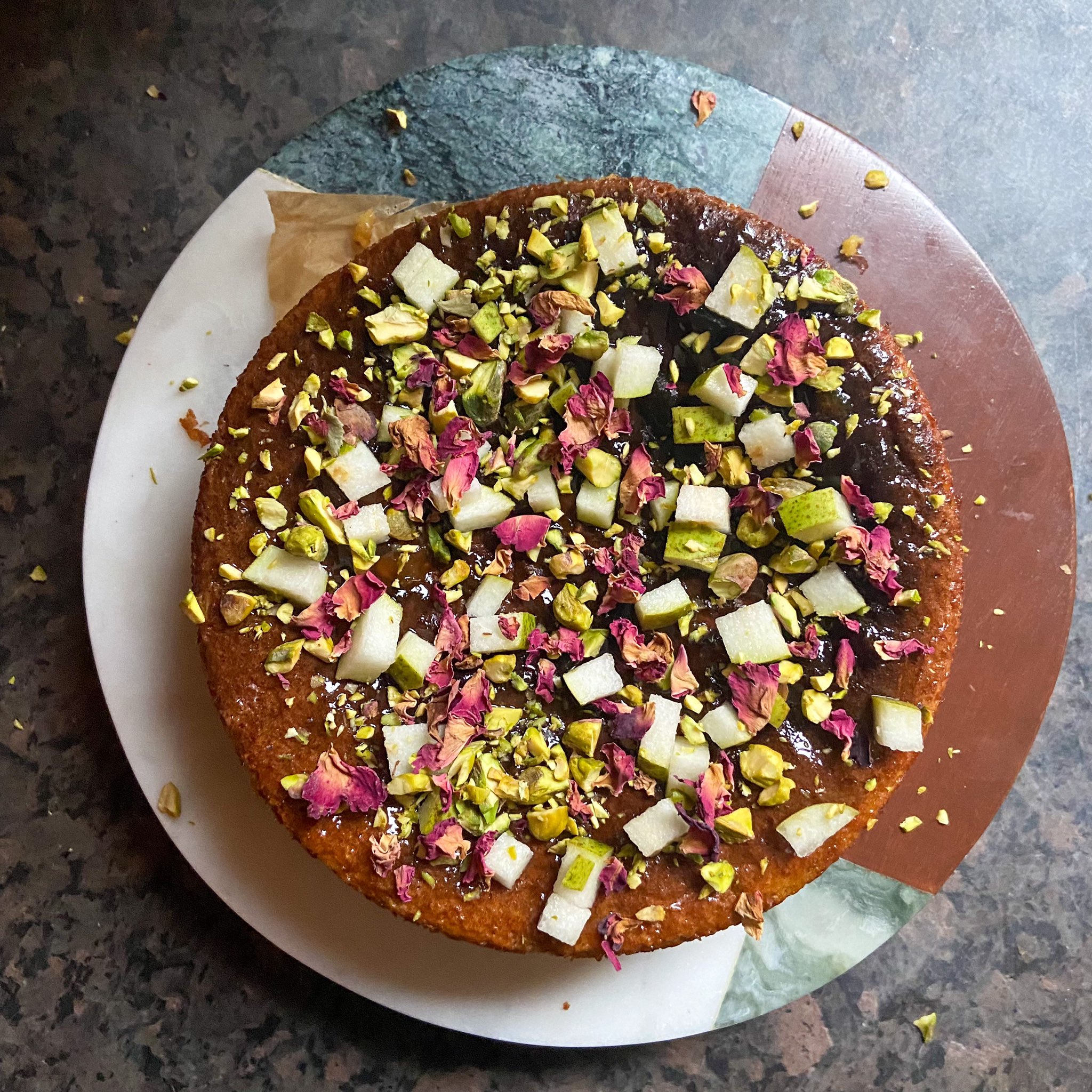 Happy Birthday To celebrate I made her Pear, Pistachio & Rose Cake. It s so good! 