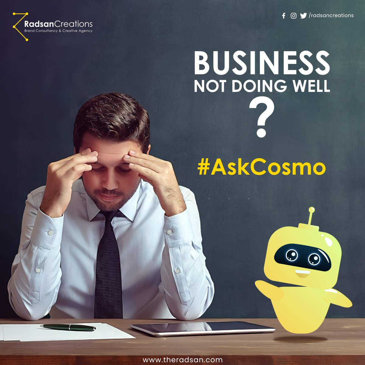 Struggling with your business and not getting enough sales?

#AskCosmo and get a solution for your business.

visit today: theradsan.com

#radsancreations #theradsangroup #socialmedia #socialmediaad #digitaljourney #onlinepromotions #digitalmarketing #socialmediaagency