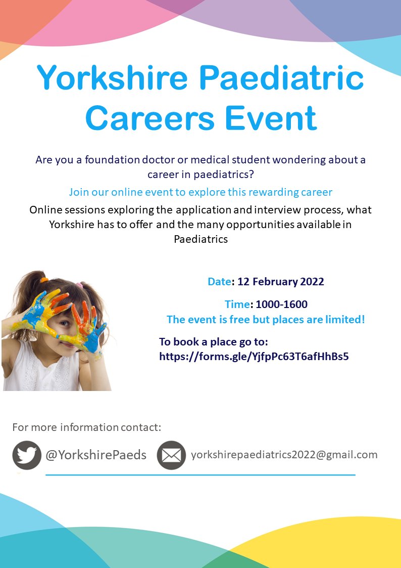 Want to find out more about Paediatric training? Want some tips and hints for the upcoming interview? Spaces are running out for our Yorkshire Paediatric Career event!! Sign up: forms.gle/YjfpPc63T6afHh… #paedsrocks#choosepaediatrics