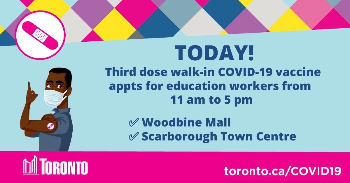 joe_cressy's tweet image. Calling all education staff and childcare workers.

We’ve just expanded capacity and have walk-in booster appointments TODAY!

📣 Walk-in appointments for education workers at Woodbine Mall and Scarborough Town Centre today.

⏱11AM - 5PM
💉Proof of education
employment required