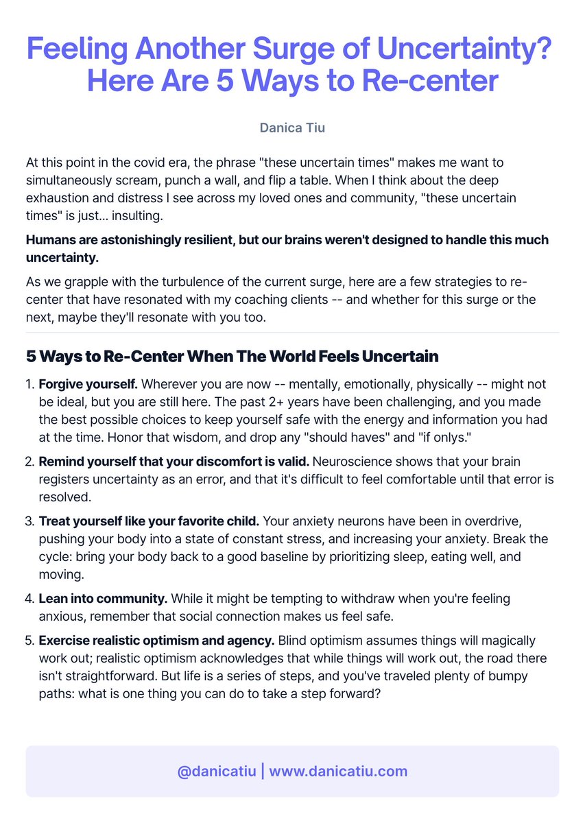 danicatiu's tweet photo. As we grapple with the turbulence of the current surge, here are a few strategies to re-center that have resonated with my coaching clients -- maybe they'll resonate with you too. https://t.co/BUwH6TCm10