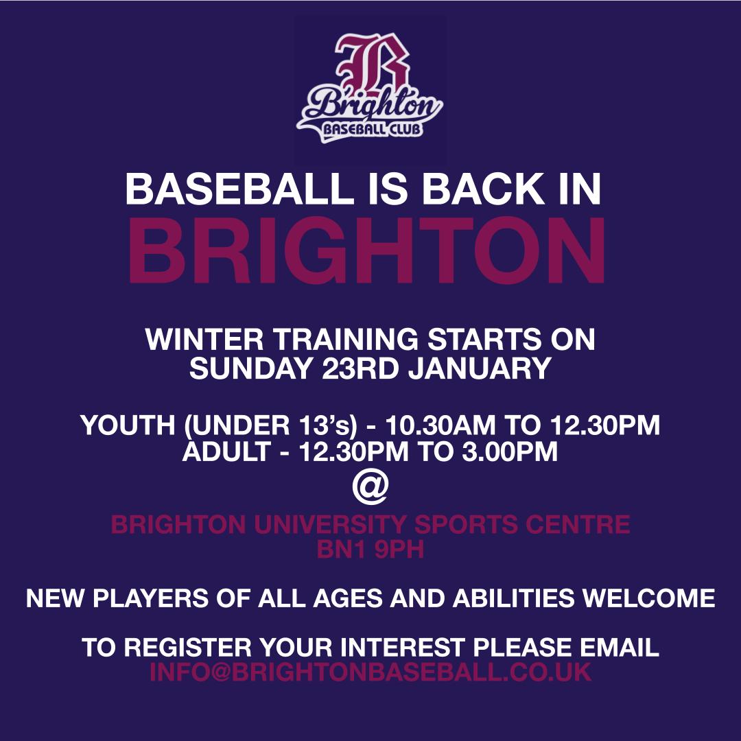 Baseball is back in Brighton
Winter training starts on Sun 23rd Jan.
New Players of all ages and abilities welcome.
Email us at info@brightonbaseball.co.uk for more info
#brightonbaseball #baseball #baseballuk #brighton #trysomethingnew #youthsport #adultsport #BBF #BSUK