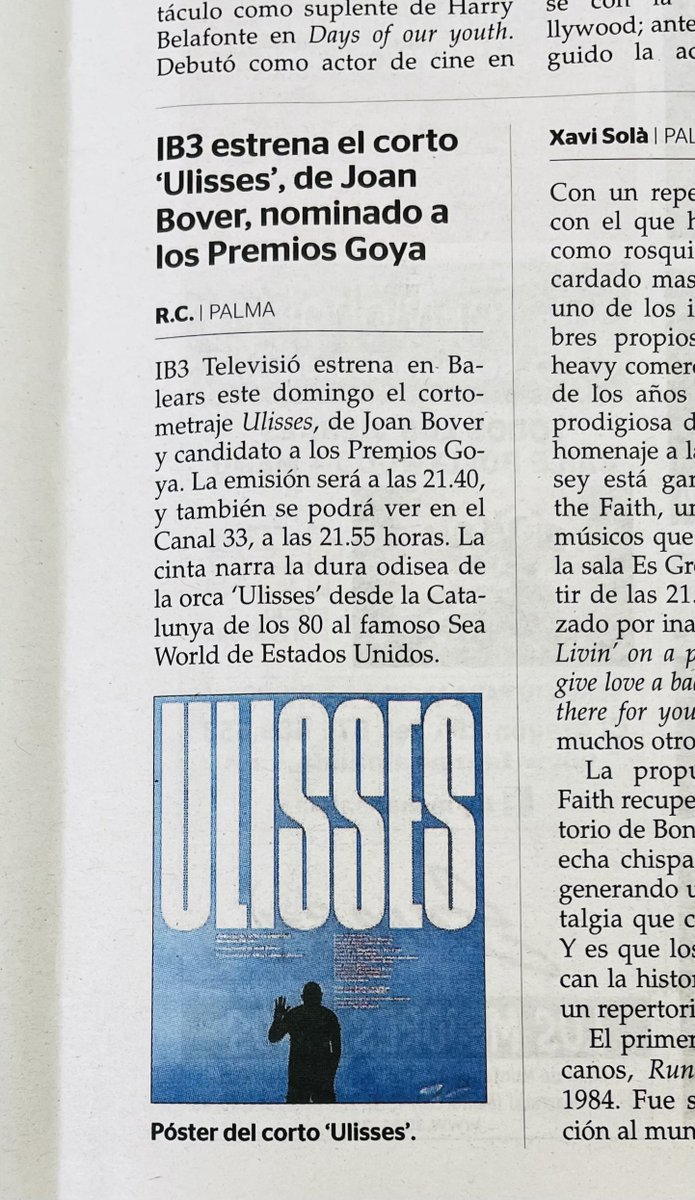 yerblues's tweet photo. 🎬 Tornen els Goya a @IB3televisio!
📡 Avui diumenge vespre estrenam en primícia el curtmetratge documental balear candidat en els 36 Premis de l’Acadèmia 👉 ULISSES 🐋
#IB3ambelCinemaBalear 🎞 https://t.co/w9lWYkG9I0