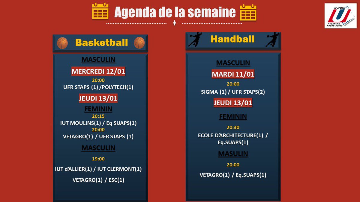 ⏰ AGENDA DE LA SEMAINE ⏰

Retrouvez les lieux des rendez-vous sur le site : sportco.abyss-clients.com/rencontres

Bonne semaine de compétition 🥇