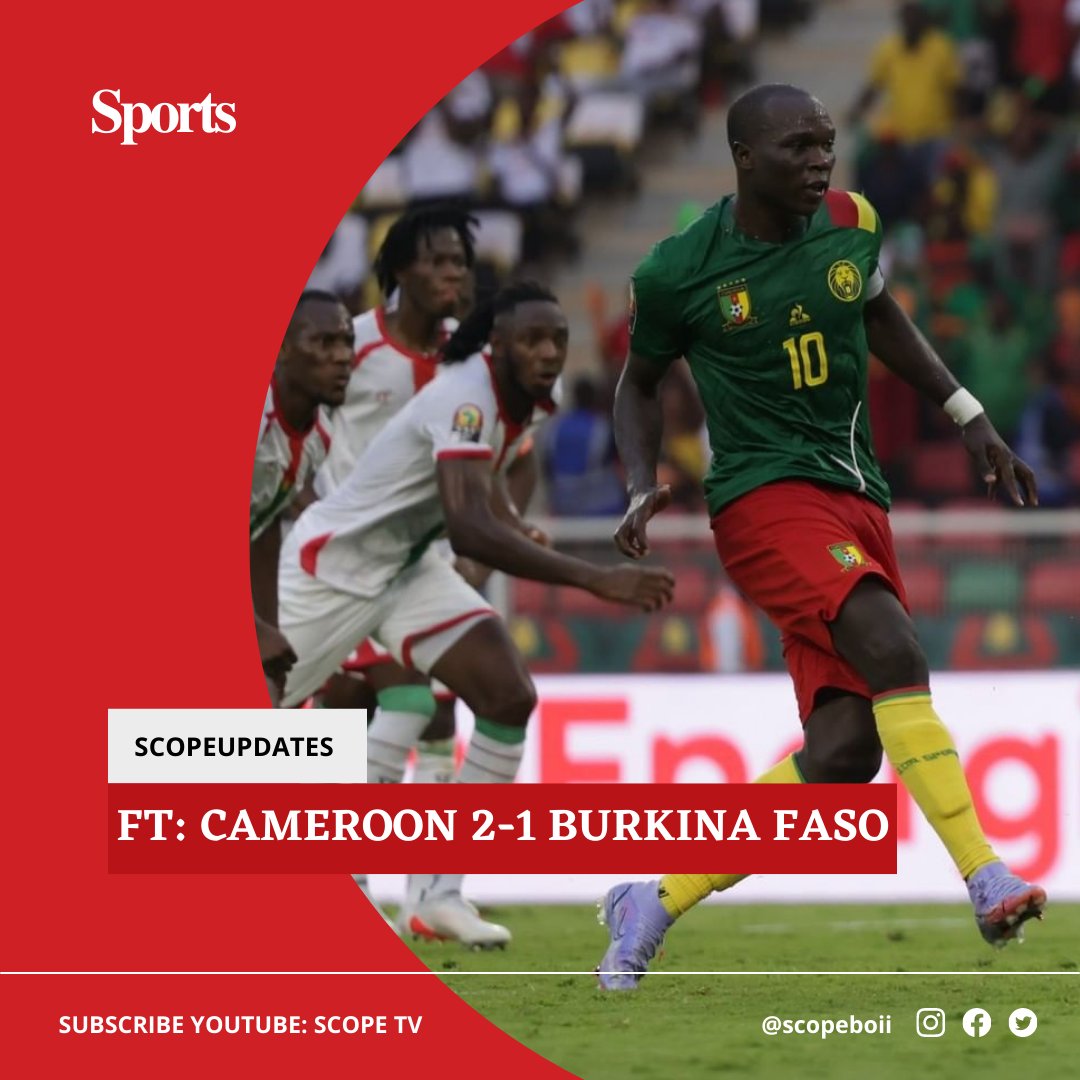 Scopemediatz's tweet photo. FT: Cameroon 2 - 1 Burkina Faso
⚽ V. Aboubakar 40' & 45+3' (PEN) Cam
⚽ Gustavo Sangare 24' Burkina
#scopeboii #scopetv #AFCON2021 https://t.co/v0UN6sahmn