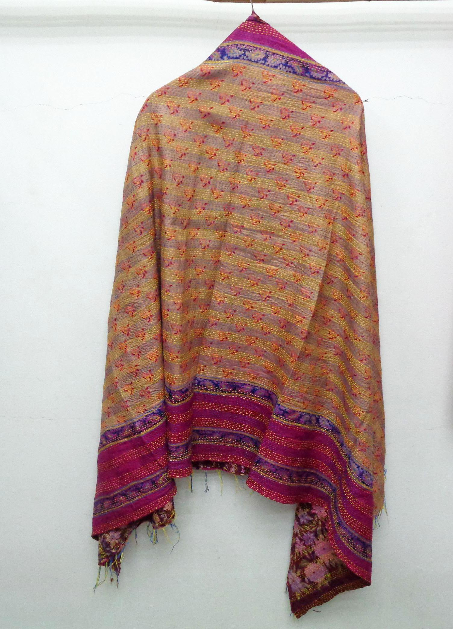 Silk Kantha Scarf Head Wrap Stole Dupatta Stitched Embroidered Scarf Veil Boho KF92