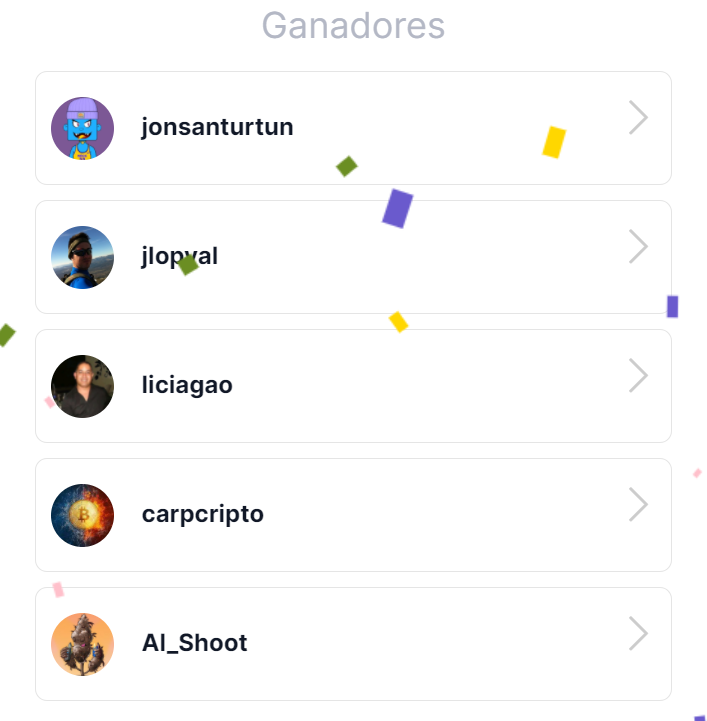 Ganadores sorteo <a href="/vEmpiredigital/">vEmpire Community</a> 

Los 5 ganadores de 100 USDT son:

1⃣ <a href="/jonsanturtun/">Jon Ander</a>
2⃣ <a href="/jlopval/">Jonatan</a>
3⃣ <a href="/liciagao/">oscar 🍀 #LuxyLaunch #bull_bnb</a>
4⃣ <a href="/carpcripto/">(💙,🧡) "🛸"</a>
5⃣ @Al_Shoot 

Enhorabuena!! 🥳