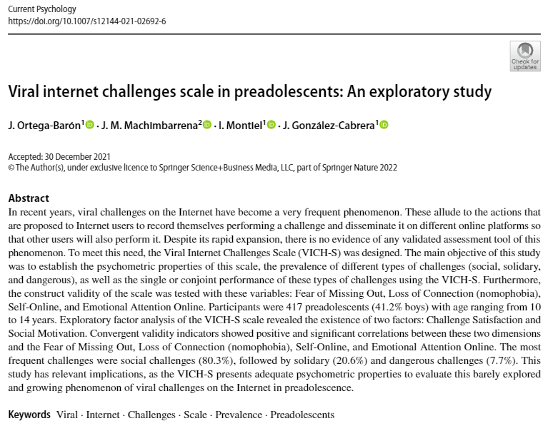 🆕Paper Grupo #Cyberpsychology sobre un tema de gran importancia social y educativa:
Viral internet challenges scale in preadolescents: An exploratory study con <a href="/JessicaOrtegaB1/">Jessica Ortega-Baron</a> <a href="/jmmachimbarrena/">Juan Manuel Machimbarrena</a> <a href="/IreneMontielJ/">Irene Montiel Juan</a>  Consultar en rdcu.be/cEqaO
<a href="/PrensaUNIR/">Departamento Prensa UNIR</a> @UNIR_Investiga