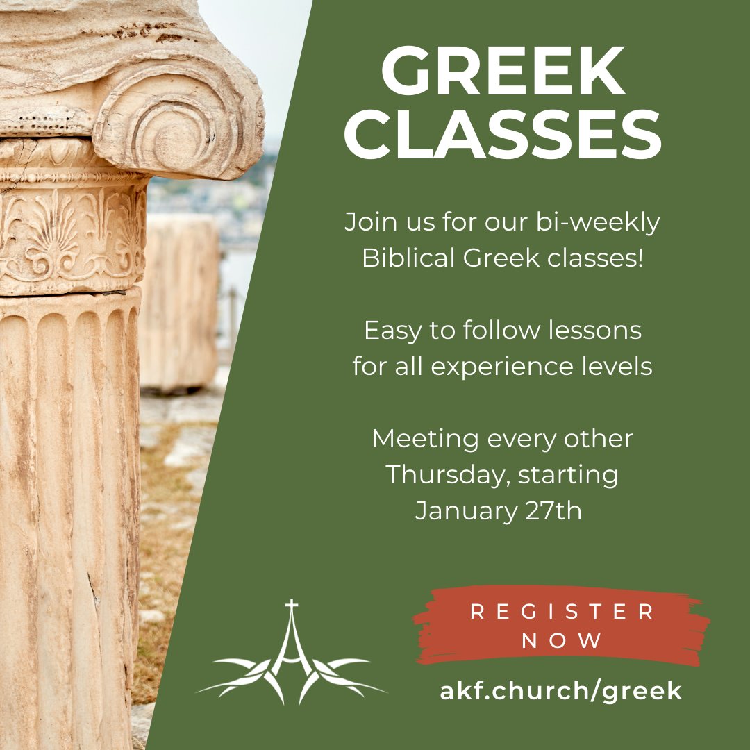 akfchurch's tweet image. We&apos;re beginning our bi-weekly Biblical Greek classes! Online and in-person | More info at akf.church/Greek

Register today!

#greekclass #biblicalgreek #agapekingdomfellowship #akf