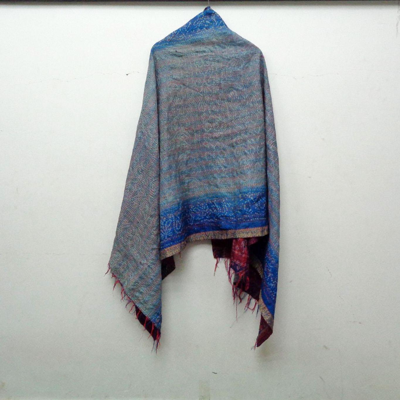Handmade long Silk Kantha Scarf Head Wrap Stole Dupatta Hand Quilted Women Scarves Reversible KF40