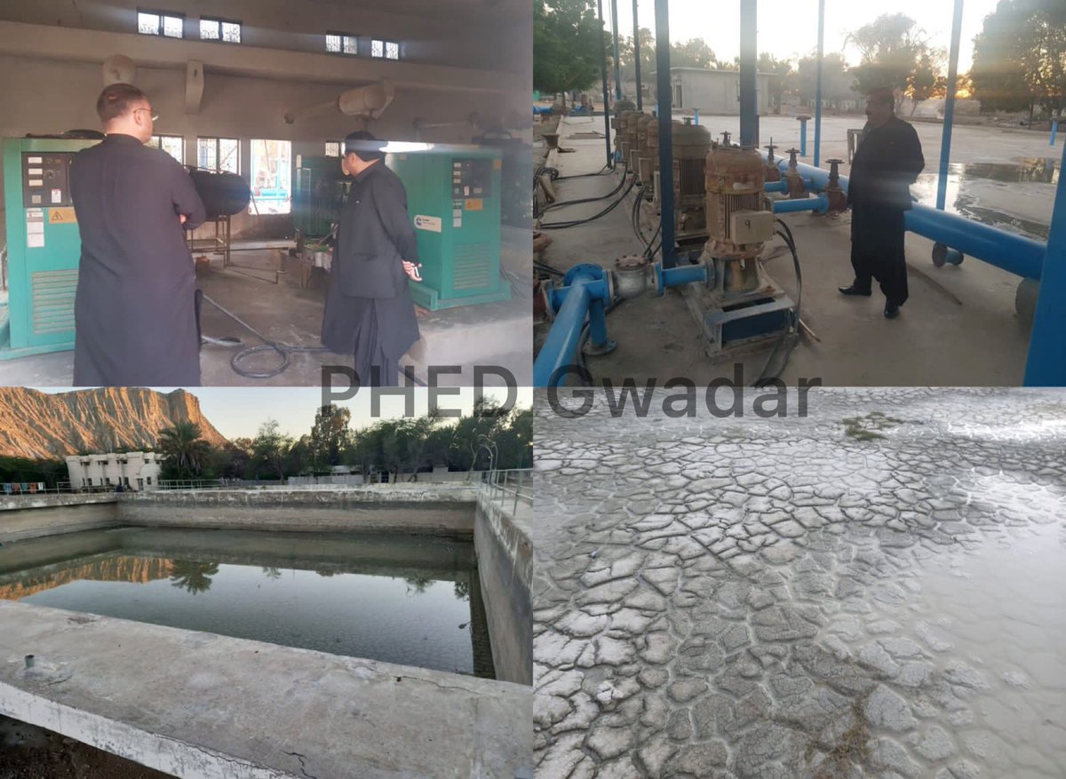 XEN <a href="/PHEDGwadar/">Public Health Engineering Dept. Gwadar</a> Shakeel Baloch visited Ankara Dam.
Inspected water pumps,directed to desilt silt-up tanks and non-functional machineries sent to workshop for repairing. Visited the pipelines and directed SDOs to ensure timely and clean provision of water to entire Distt.
1/2