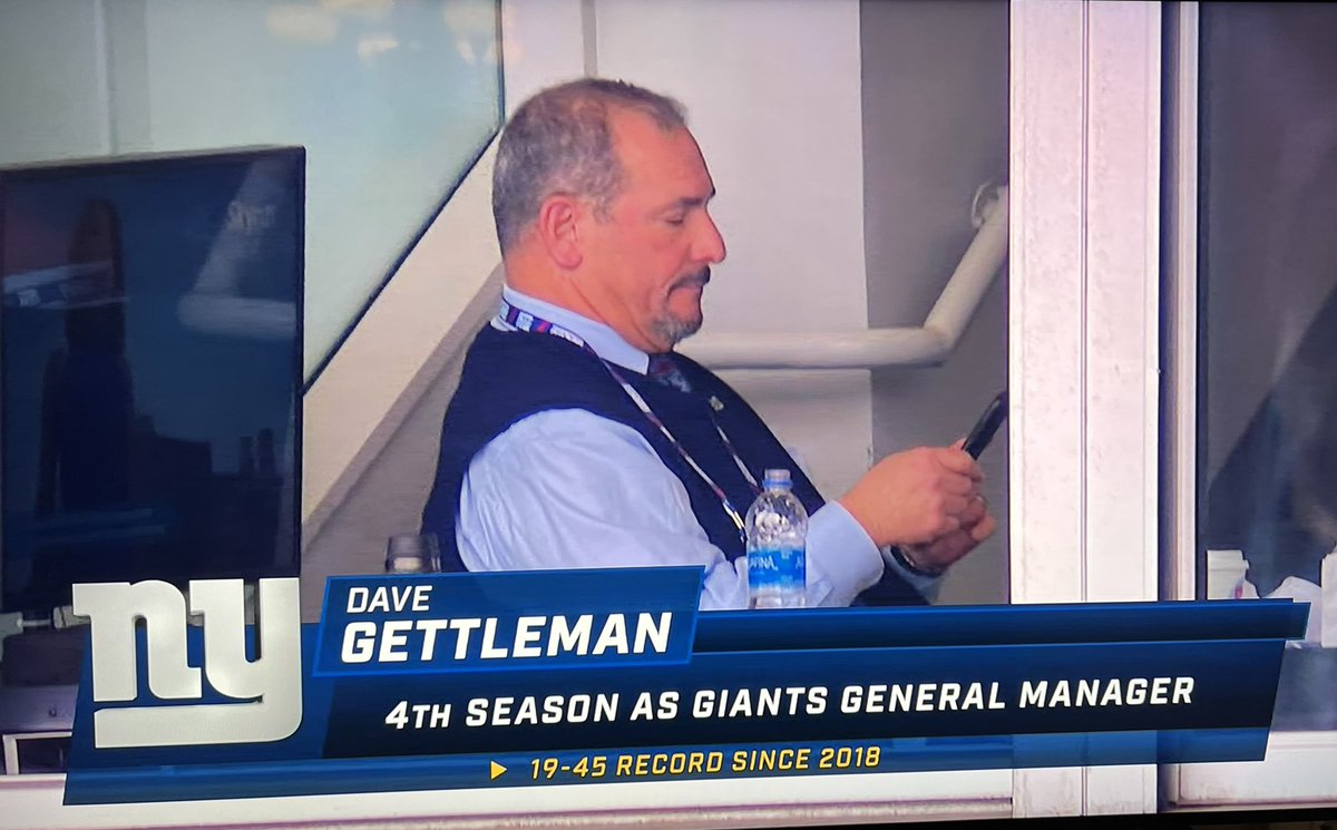 DanCovello's tweet photo. Not even Dave Gettleman wants to watch the @giants team he created.  #TogetherBlue #Giants #NFLgiants #NYGiants #NYG #NFL #NFLSeasonFinale https://t.co/hmPFKKBd9o