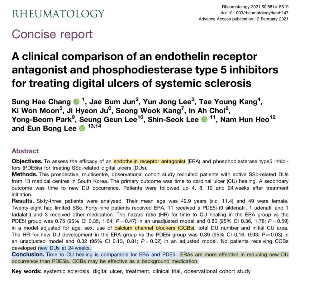 Time to CU healing is comparable for ERA and PDE5i. ERAs are more effective in reducing new DU
occurrence than PDE5is. CCBs may be effective as a background medication. pubmed.ncbi.nlm.nih.gov/33576774/