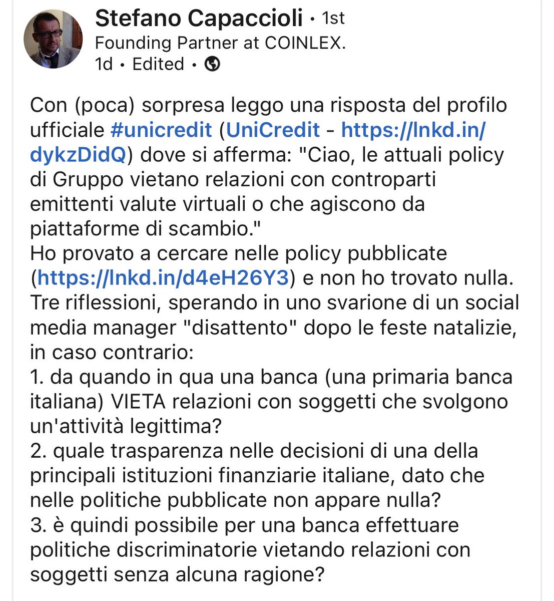 bip_show's tweet photo. Sulla questione @UniCredit_IT nulla da aggiungere rispetto a quanto scritto dal sempre ottimo @s_capaccioli. 
È semplice abuso di potere, illegittimo e discriminatorio. 
Se avete il conto lì e scegliete di tenercelo sarete complici. 
Da oggi in poi.
People have the power. https://t.co/ga77tadCLj