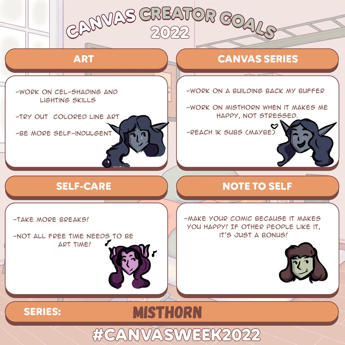 LuciennaCaffie's tweet photo. Almost completely forgot to upload this today! Here are some of my creator goals for 2022! I have a lot of stuff that I want to work on and improve, but ultimately, I just want to have more fun with my art this year! #CANVASWeek2022 #webtooncanvas #canvashiddengems https://t.co/PBTI64gNwB